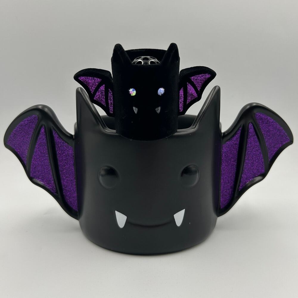 Bath & Body Works 3 Wick Candle Holder Black Purple Bat + Wallflower Halloween